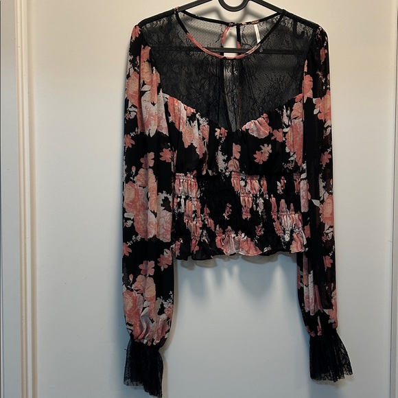 Free People Black and Pink Lace Top - Picture 1 of 5